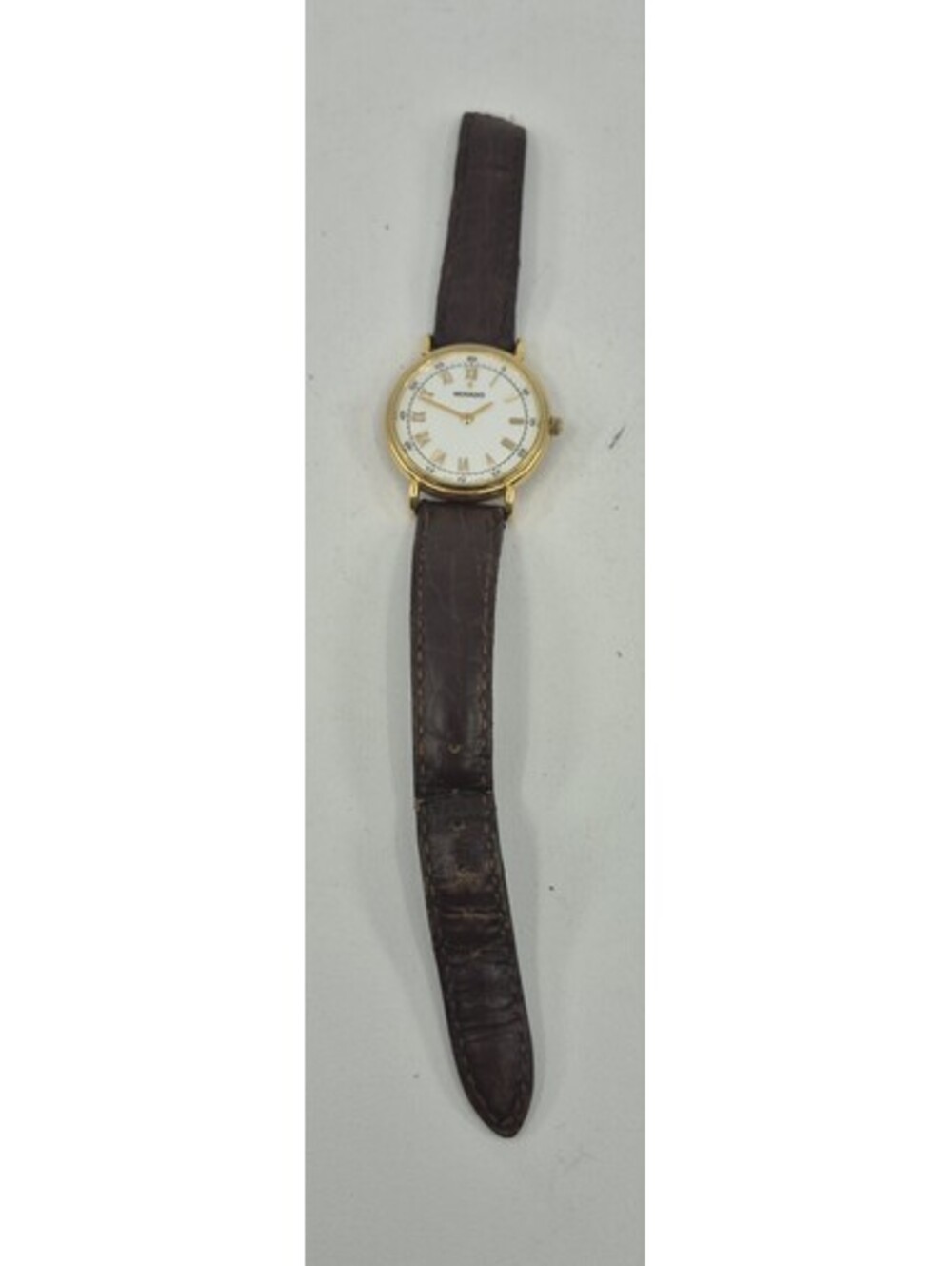 Movado Quartz Vintage 1987 White Dial Roman, Gold Case Brown Leather Strap Read